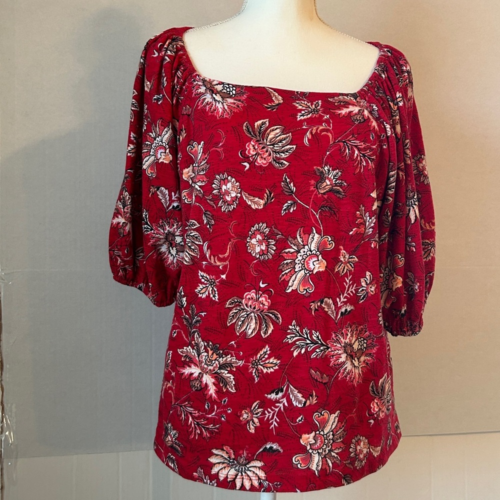 Maurices Charleston Red Paisley Floral Square Neck Balloon Sleeve Top. Size L - Picture 2 of 10